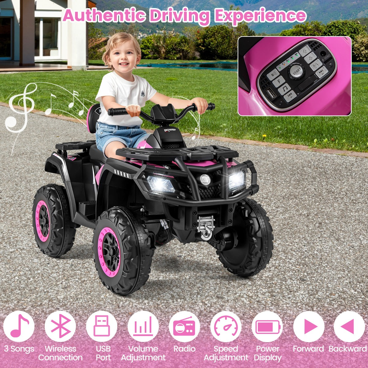 LIVSK Elektrische 2 - zits Kinder - ATV - 4 Motoren - Zachte Start - Interactief Dashboard - Veilig en Comfortabel - Roze