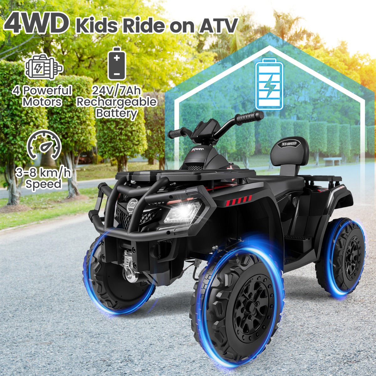 LIVSK Elektrische Kinder - ATV - 2 - zits Quad Voertuig - 24V - 4 Motoren - Zachte Start - Interactief Dashboard - Zwart
