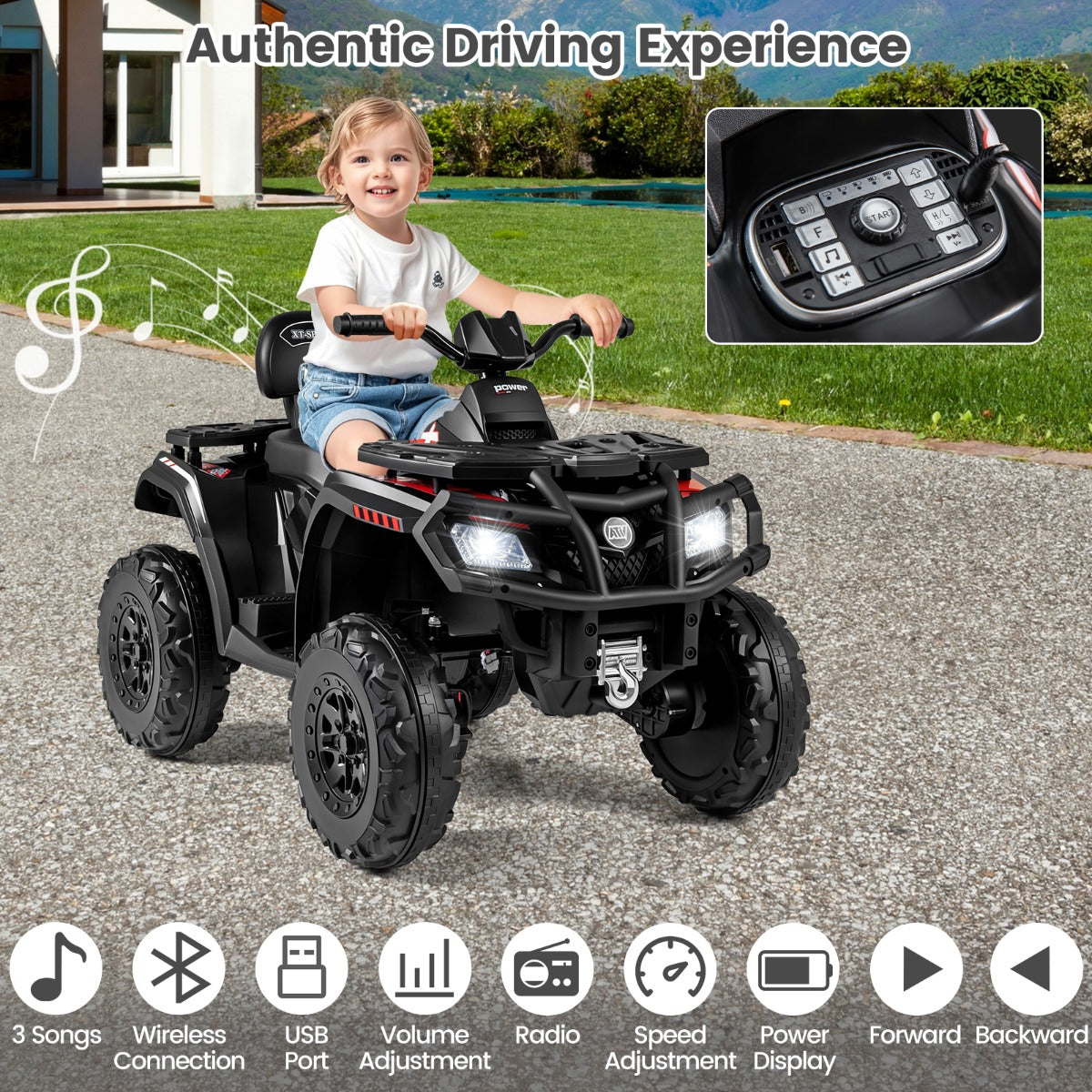 LIVSK Elektrische Kinder - ATV - 2 - zits Quad Voertuig - 24V - 4 Motoren - Zachte Start - Interactief Dashboard - Zwart