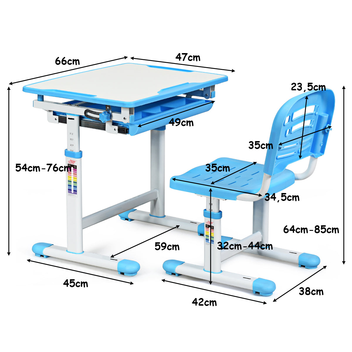 LIVSK Kindertafel en Stoel Set - In Hoogte Verstelbaar - Kantelbaar Bureaublad - Opberglade en Haak - Tot 80 kg - Blauw