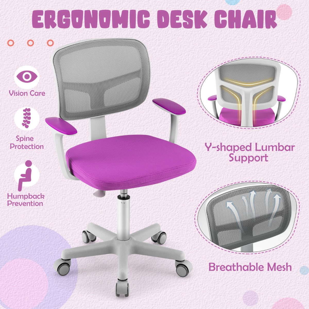 LIVSK Ergonomische Kinderbureaustoel - Draaibaar - Hoogte Verstelbaar van 80-91,5 cm - Ademend Gaas - Paars