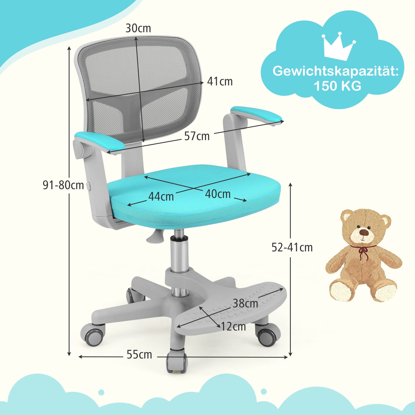 LIVSK Kindersudiestoel - Draaibare Zitting - Verstelbare Hoogte en Armleuningen - Ergonomische Netrugleuning - Turquoise