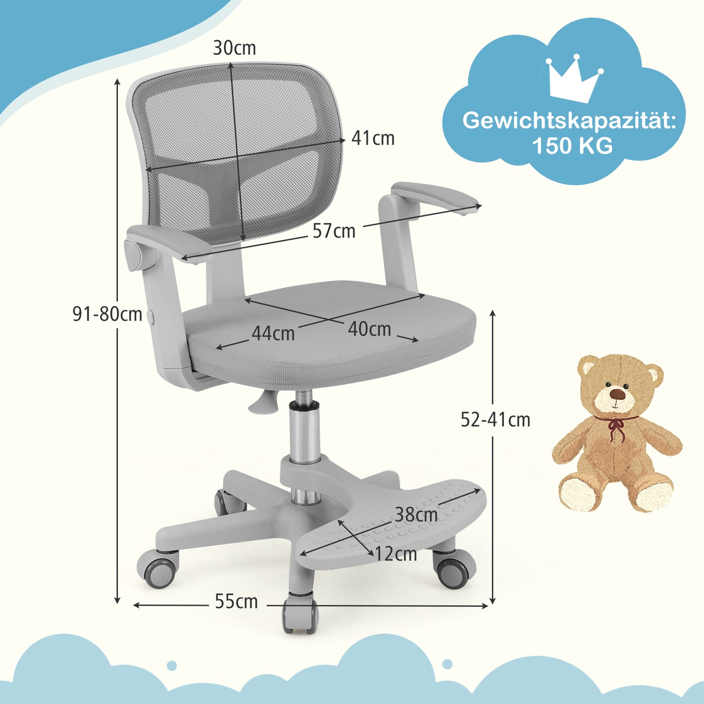 LIVSK Kinderstudiestoel - Verstelbare Zithoogte 41-52 cm - 360° Draaibaar - Ergonomische Netrugleuning - Grijs