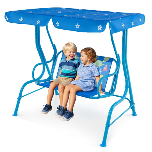 LIVSK Kinderschommel met Verstelbaar Zonnedak - Veiligheidsgordels voor 2 Kinderen - Stabiel Metalen Frame - 112 x 76,5 x 111 cm
