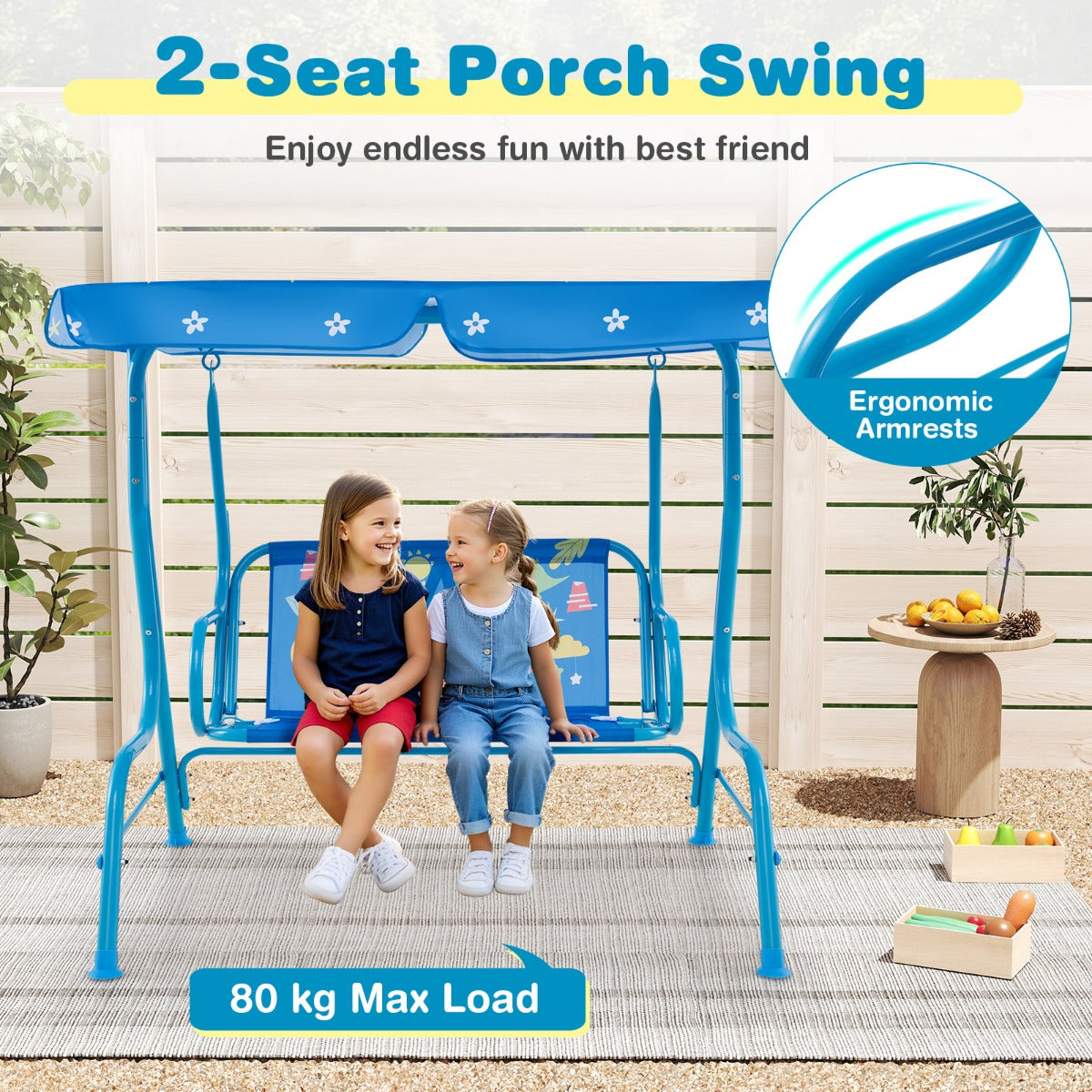 LIVSK Kinderschommel met Verstelbaar Zonnedak - Veiligheidsgordels voor 2 Kinderen - Stabiel Metalen Frame - 112 x 76,5 x 111 cm