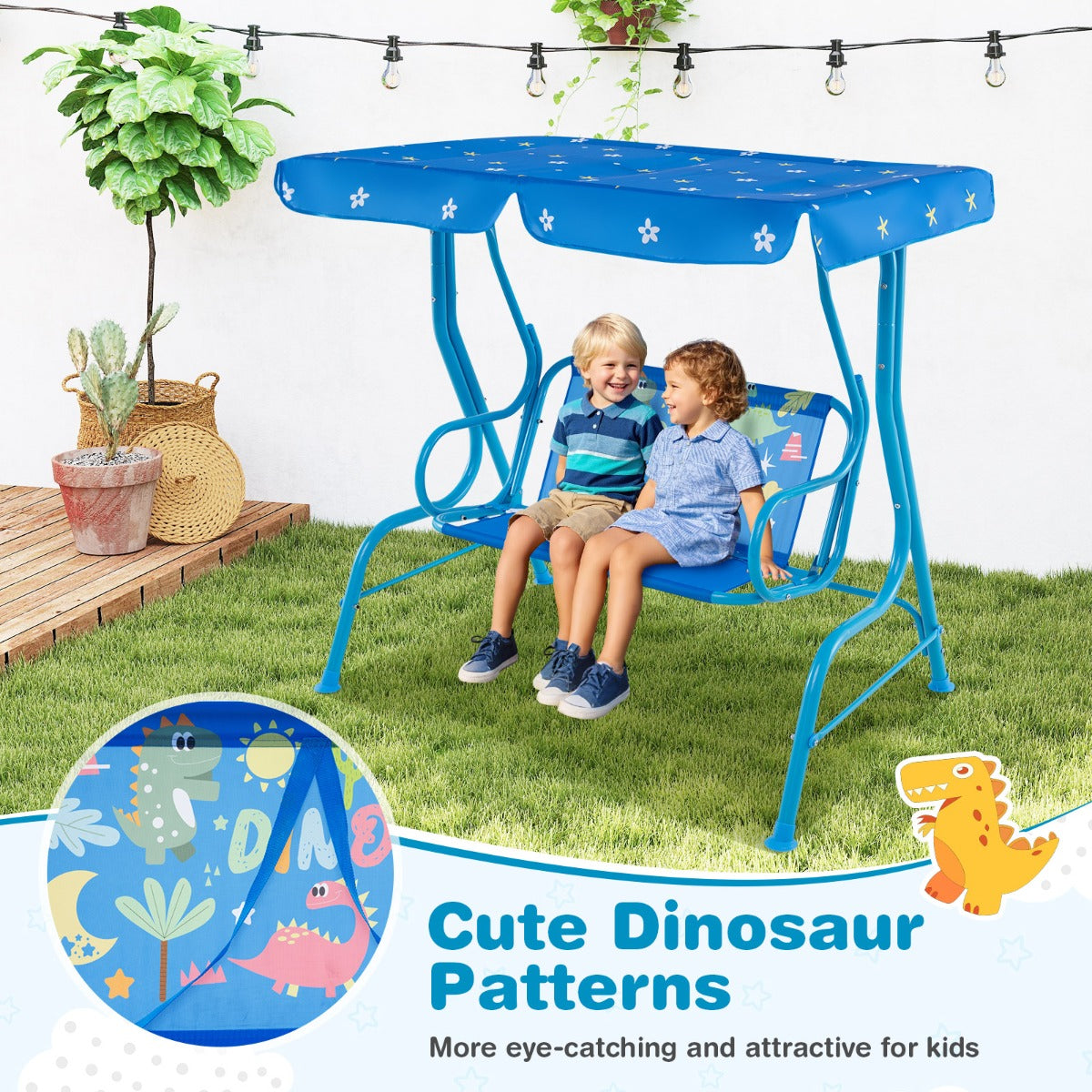 LIVSK Kinderschommel met Verstelbaar Zonnedak - Veiligheidsgordels voor 2 Kinderen - Stabiel Metalen Frame - 112 x 76,5 x 111 cm