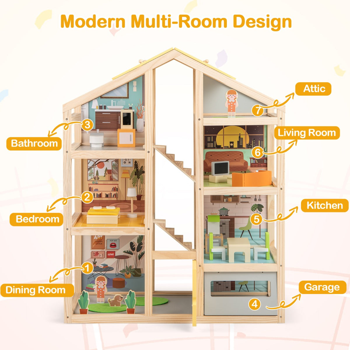 LIVSK Modern Houten Poppenhuis - Inclusief 18 Meubels en 3 Figuren - Interactief Speelhuis - Voor Kinderen vanaf 3 Jaar - Natuur