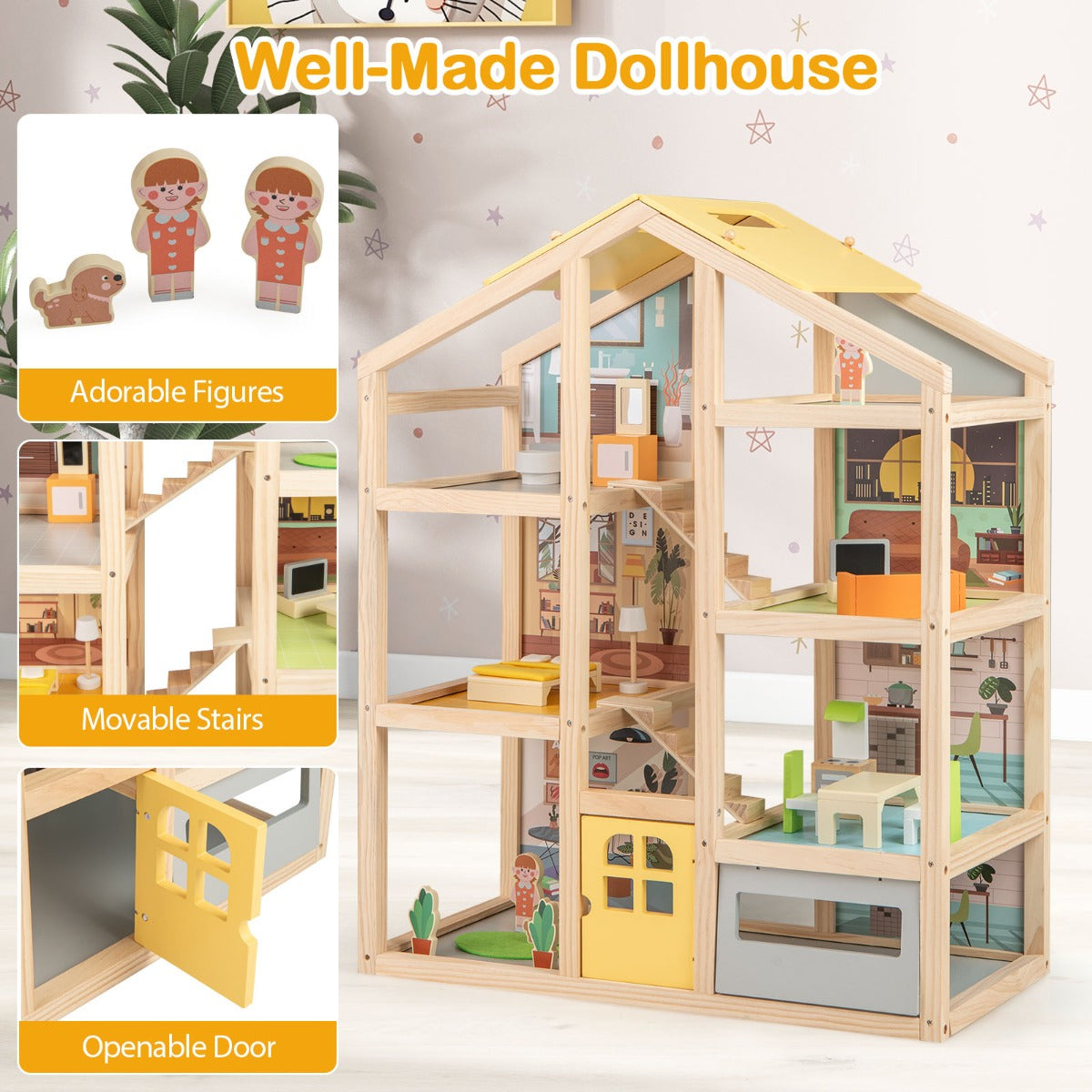 LIVSK Modern Houten Poppenhuis - Inclusief 18 Meubels en 3 Figuren - Interactief Speelhuis - Voor Kinderen vanaf 3 Jaar - Natuur