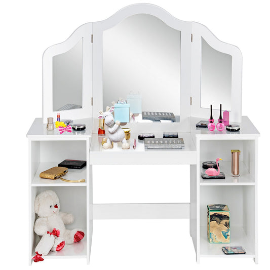 LIVSK Kinder Kaptafel - 3-paneel Spiegel - Ruime Opbergruimte - Veilig en Duurzaam - 107 x 40,5 x 117 cm - Wit