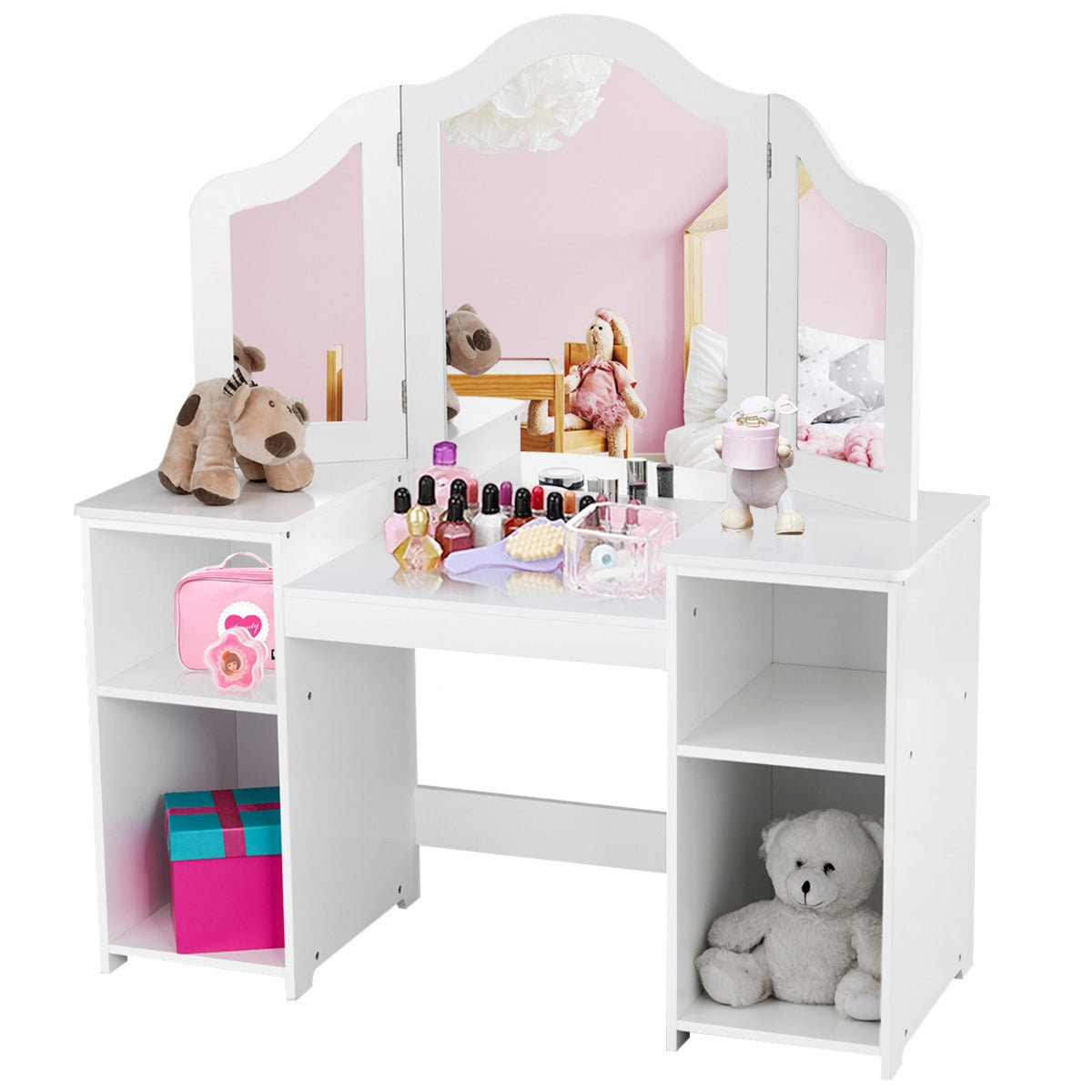 LIVSK Kinder Kaptafel - 3-paneel Spiegel - Ruime Opbergruimte - Veilig en Duurzaam - 107 x 40,5 x 117 cm - Wit