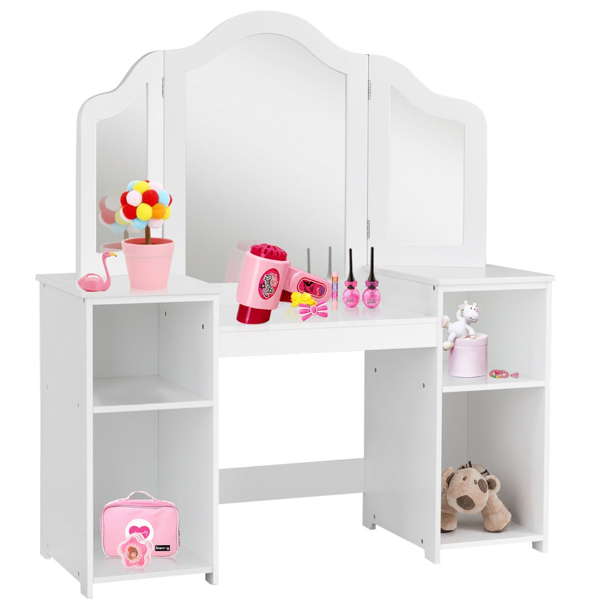 LIVSK Kinder Kaptafel - 3-paneel Spiegel - Ruime Opbergruimte - Veilig en Duurzaam - 107 x 40,5 x 117 cm - Wit