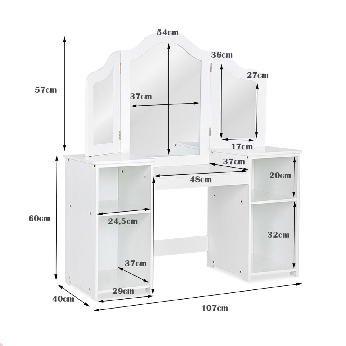 LIVSK Kinder Kaptafel - 3-paneel Spiegel - Ruime Opbergruimte - Veilig en Duurzaam - 107 x 40,5 x 117 cm - Wit