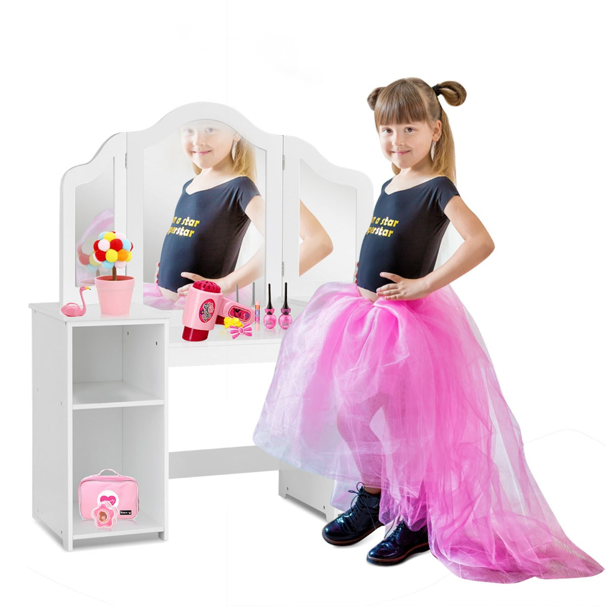 LIVSK Kinder Kaptafel - 3-paneel Spiegel - Ruime Opbergruimte - Veilig en Duurzaam - 107 x 40,5 x 117 cm - Wit