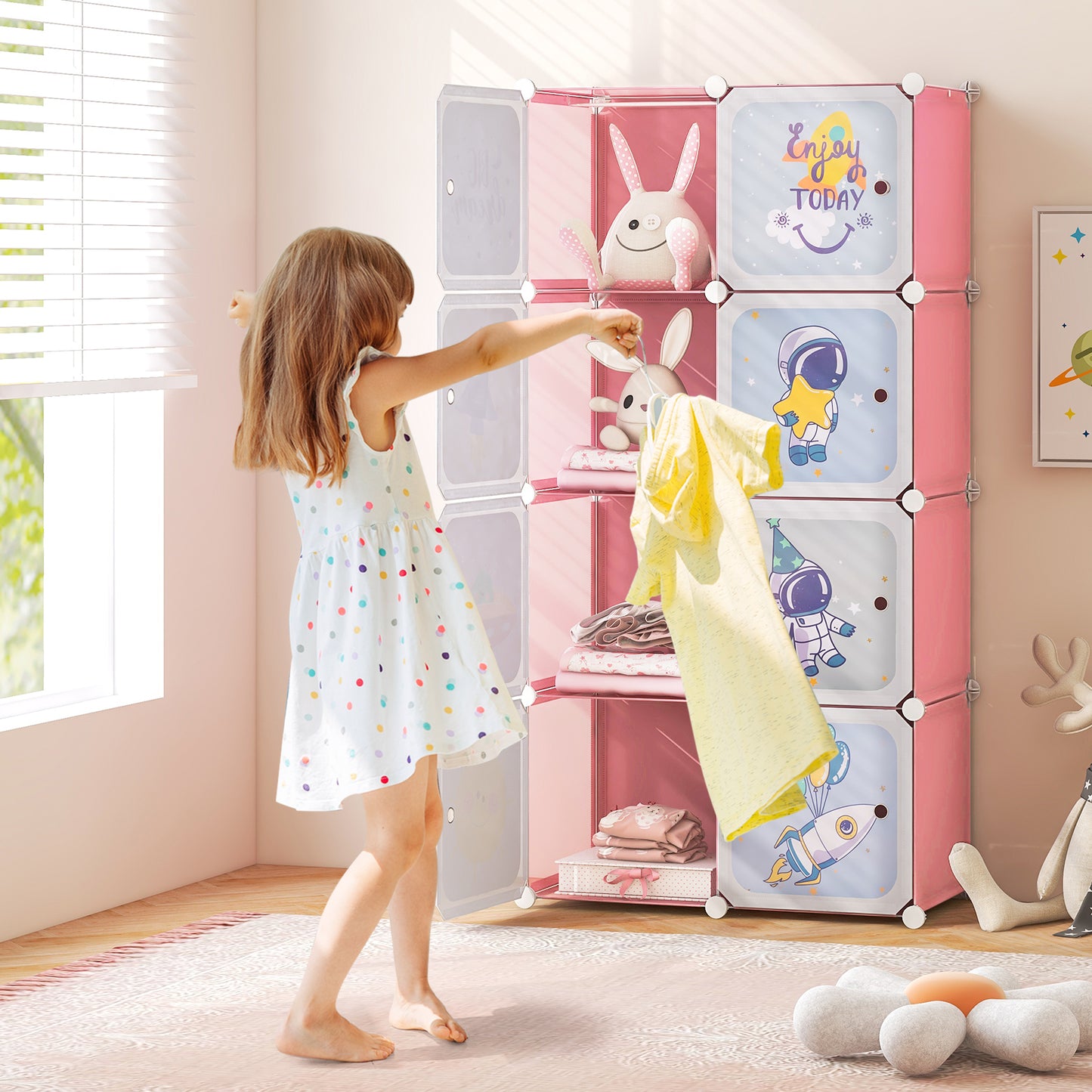 LIVSK Kinderkledingkast - 8 Opbergvakken met Deuren - Hangstang - Veilig PP-materiaal - Eenvoudige Montage - Roze