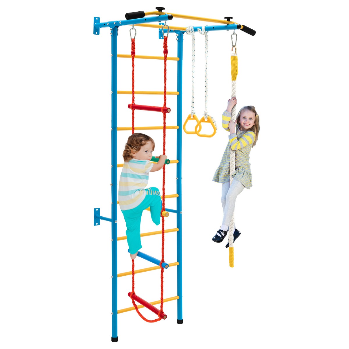LIVSK Kinder Klimwand Set - Muurladder, Optrekstang, Touwladder en Ringen - Duurzaam Koolstofstaal - Voor Actieve Kinderen -
