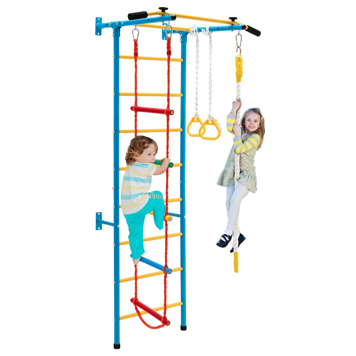 LIVSK Kinder Klimwand Set - Muurladder, Optrekstang, Touwladder en Ringen - Duurzaam Koolstofstaal - Voor Actieve Kinderen -