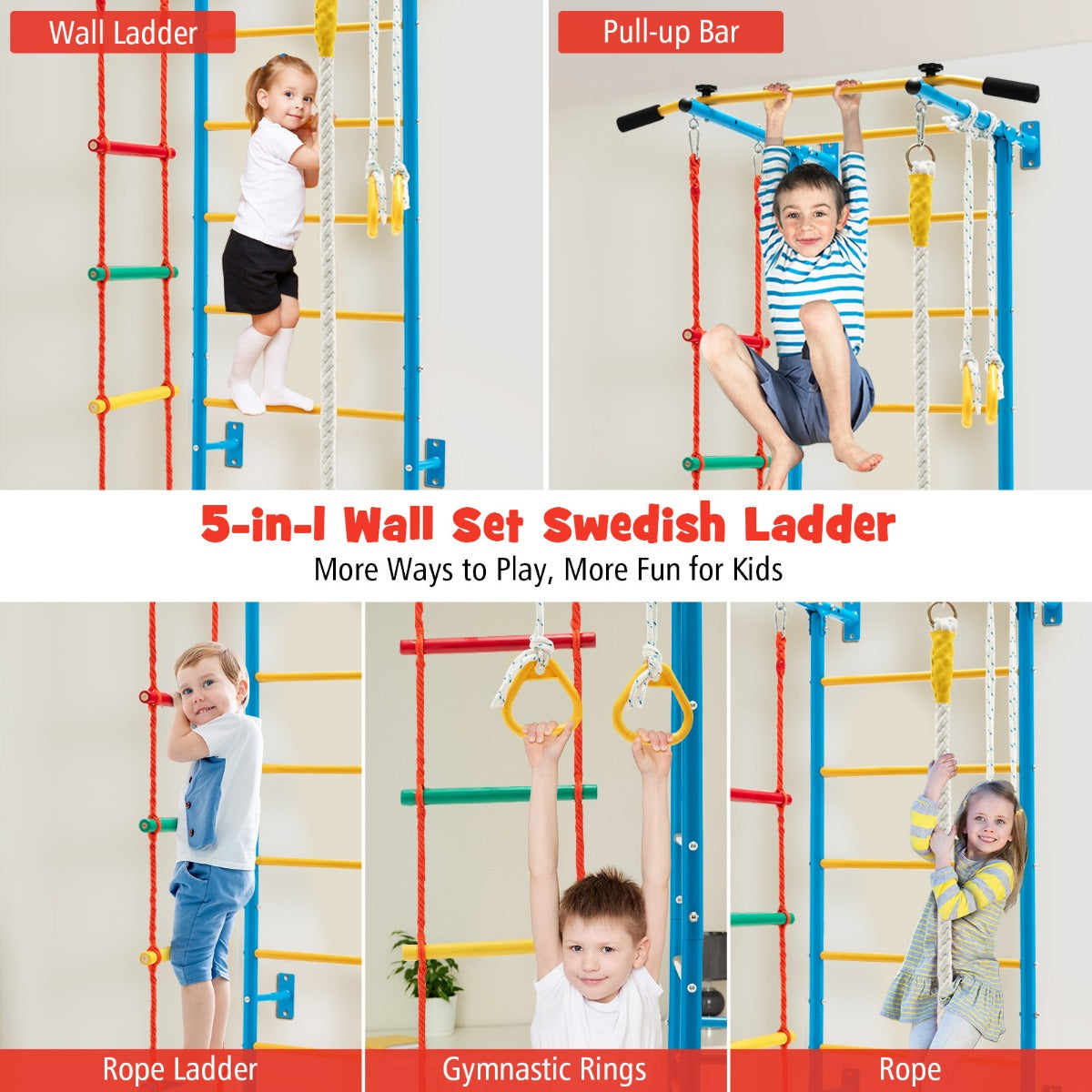 LIVSK Kinder Klimwand Set - Muurladder, Optrekstang, Touwladder en Ringen - Duurzaam Koolstofstaal - Voor Actieve Kinderen -