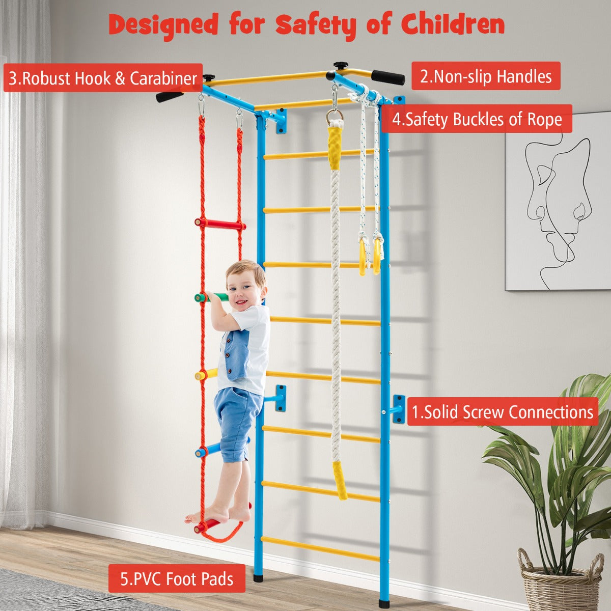LIVSK Kinder Klimwand Set - Muurladder, Optrekstang, Touwladder en Ringen - Duurzaam Koolstofstaal - Voor Actieve Kinderen -