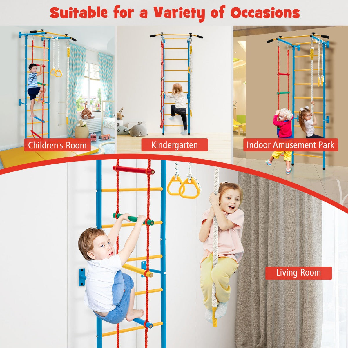 LIVSK Kinder Klimwand Set - Muurladder, Optrekstang, Touwladder en Ringen - Duurzaam Koolstofstaal - Voor Actieve Kinderen -