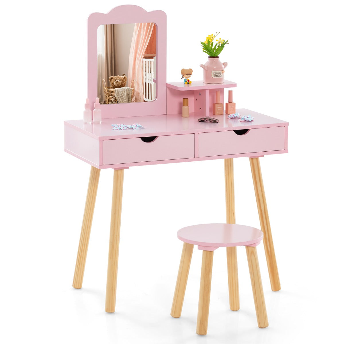 LIVSK 2-in-1 Kinderschminktafel Set - Afneembare Spiegel - Ruime Opbergruimte - Stevige MDF en Dennenhout - Voor Kinderen 3-7
