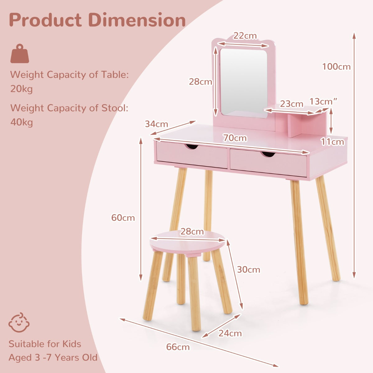 LIVSK 2-in-1 Kinderschminktafel Set - Afneembare Spiegel - Ruime Opbergruimte - Stevige MDF en Dennenhout - Voor Kinderen 3-7