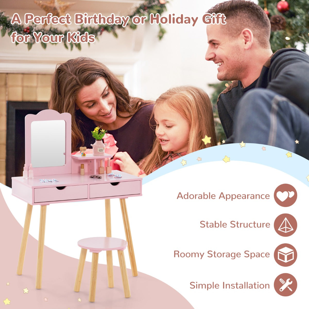 LIVSK 2-in-1 Kinderschminktafel Set - Afneembare Spiegel - Ruime Opbergruimte - Stevige MDF en Dennenhout - Voor Kinderen 3-7