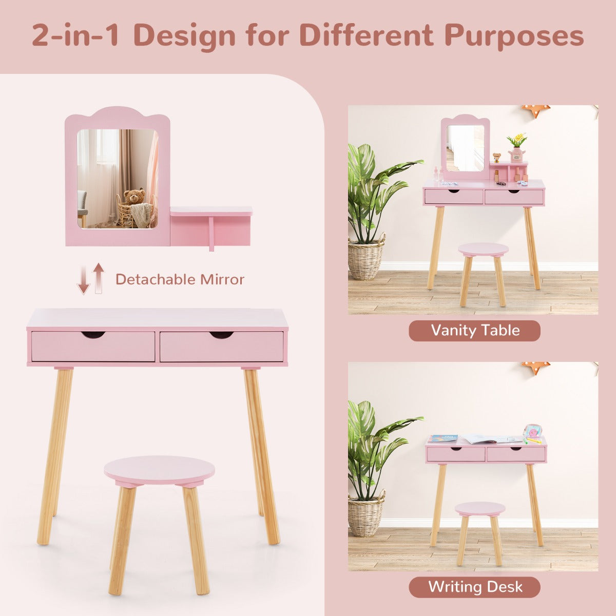LIVSK 2-in-1 Kinderschminktafel Set - Afneembare Spiegel - Ruime Opbergruimte - Stevige MDF en Dennenhout - Voor Kinderen 3-7