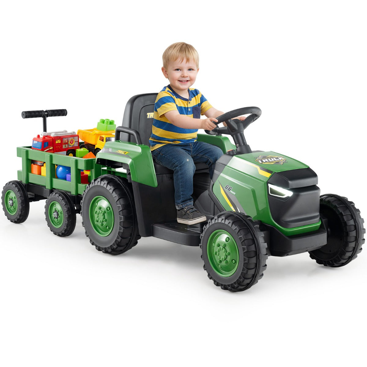 Livsk costway kinder rutsch traktor elektrofahrzeug mit abnehmbaren anhanger fernbedienung donkergroen 1 1