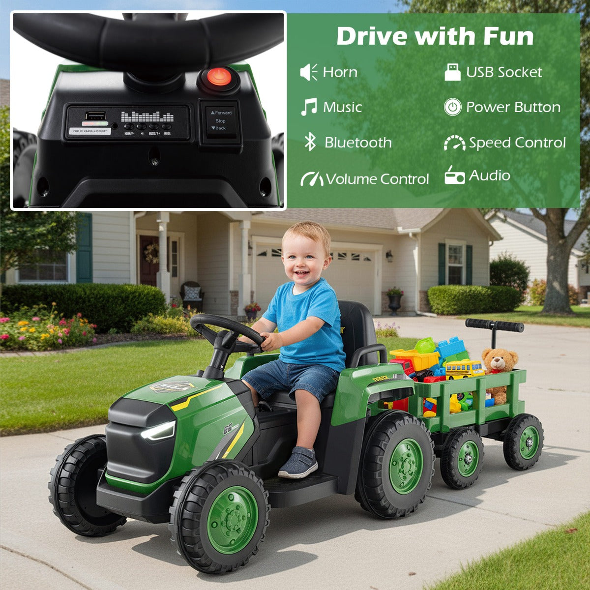 Livsk costway kinder rutsch traktor elektrofahrzeug mit abnehmbaren anhanger fernbedienung donkergroen 3