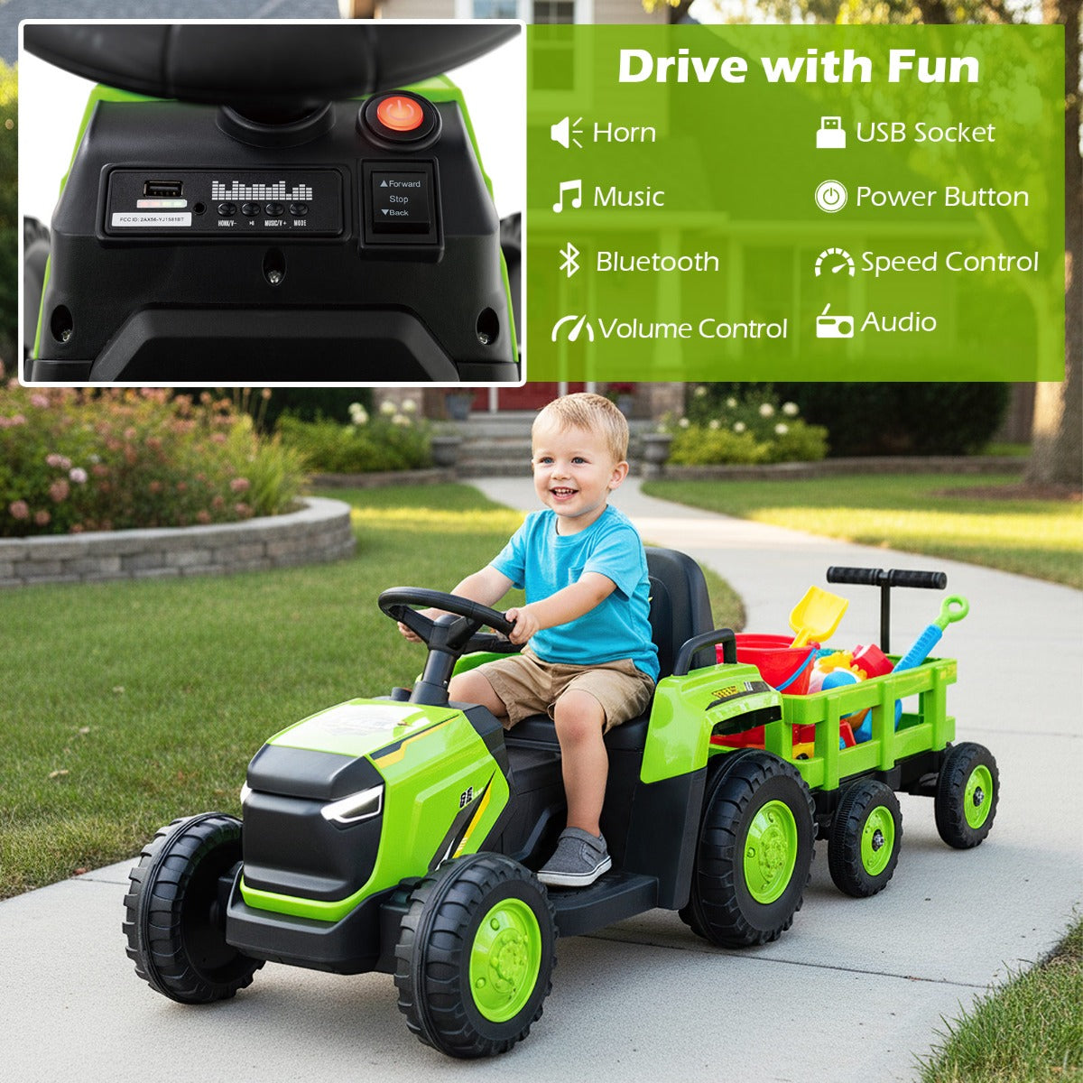 Livsk costway kinder rutsch traktor elektrofahrzeug mit abnehmbaren anhanger fernbedienung groen 3