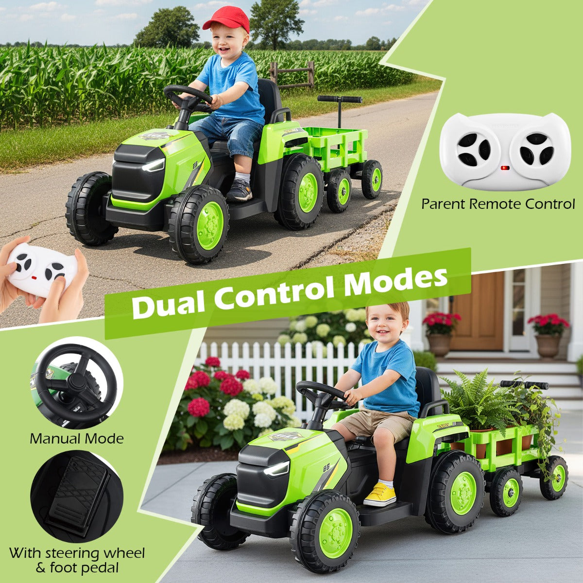 Livsk costway kinder rutsch traktor elektrofahrzeug mit abnehmbaren anhanger fernbedienung groen 4
