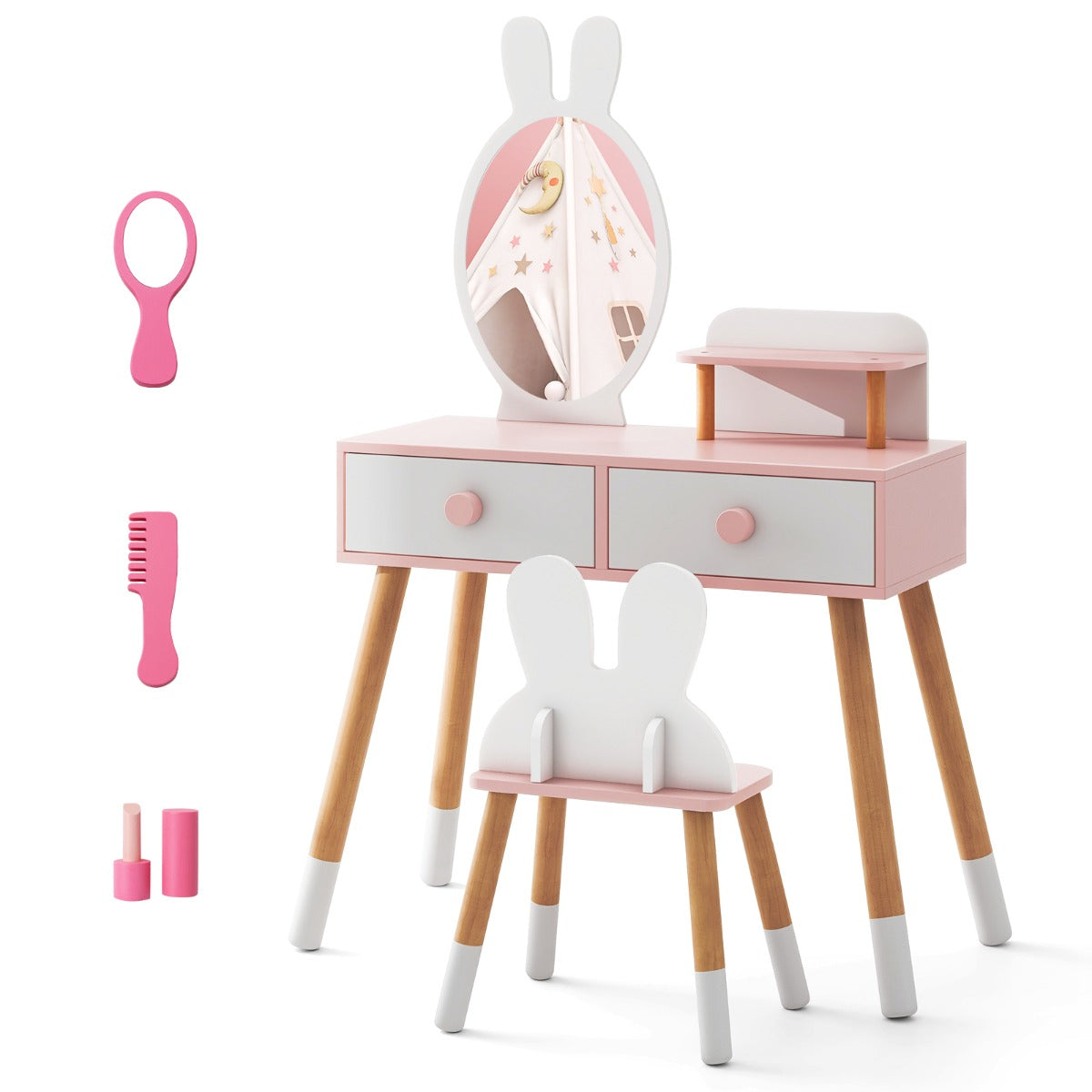 LIVSK Kinder-makeuptafel en Kruk - 2-in-1 Ontwerp met Acryl Spiegel - Ruim Tafelblad en Lades - Veilig en Duurzaam - Roze + Wit