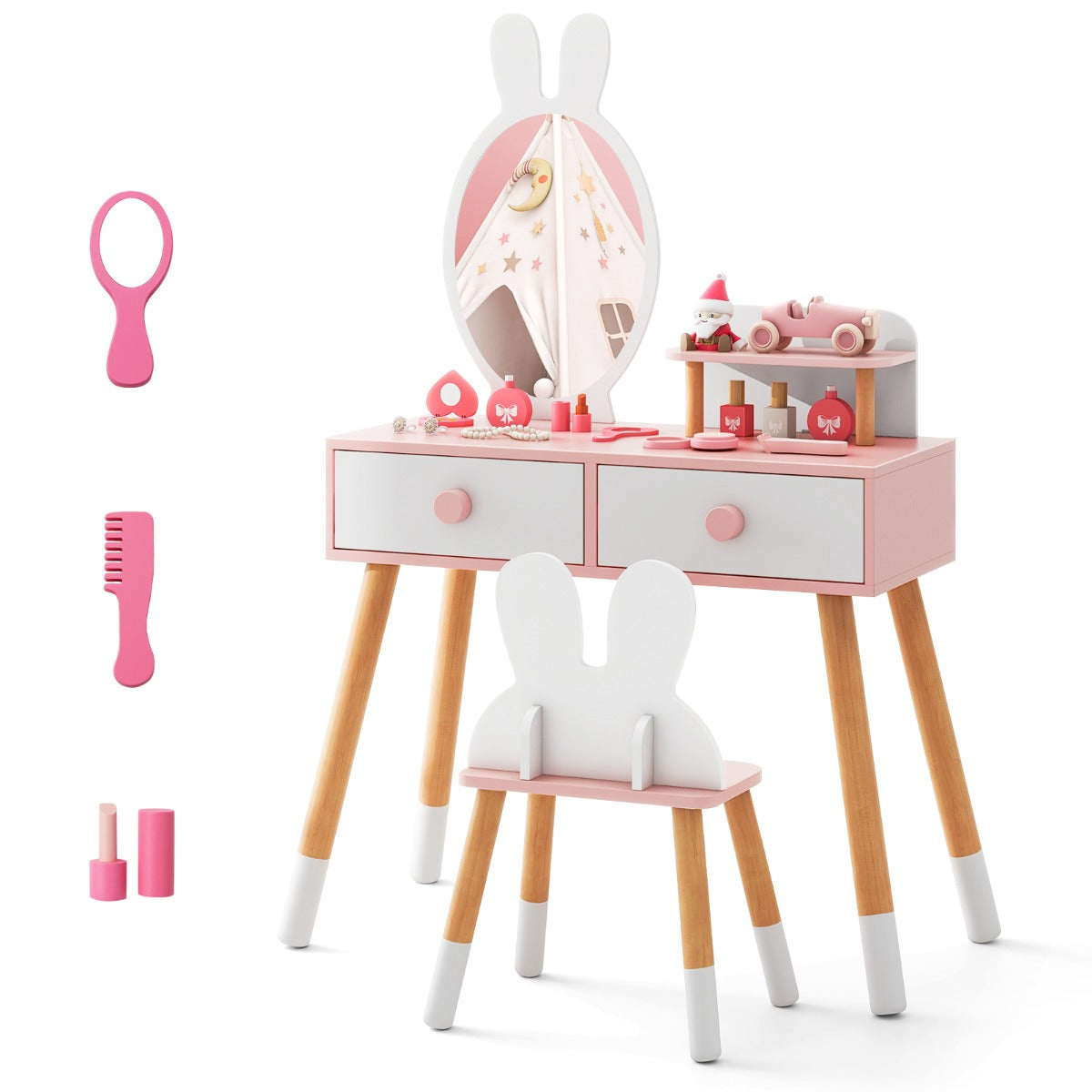 LIVSK Kinder-makeuptafel en Kruk - 2-in-1 Ontwerp met Acryl Spiegel - Ruim Tafelblad en Lades - Veilig en Duurzaam - Roze + Wit