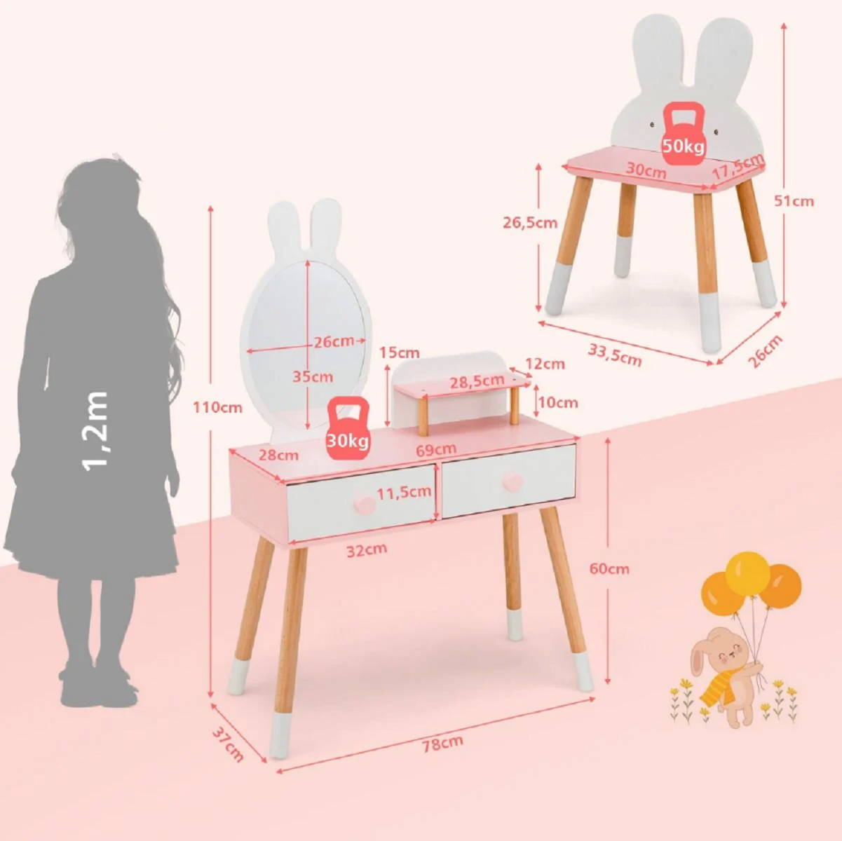 LIVSK Kinder-makeuptafel en Kruk - 2-in-1 Ontwerp met Acryl Spiegel - Ruim Tafelblad en Lades - Veilig en Duurzaam - Roze + Wit