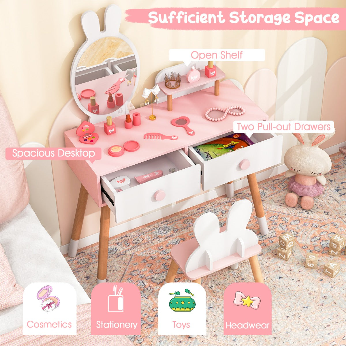 LIVSK Kinder-makeuptafel en Kruk - 2-in-1 Ontwerp met Acryl Spiegel - Ruim Tafelblad en Lades - Veilig en Duurzaam - Roze + Wit