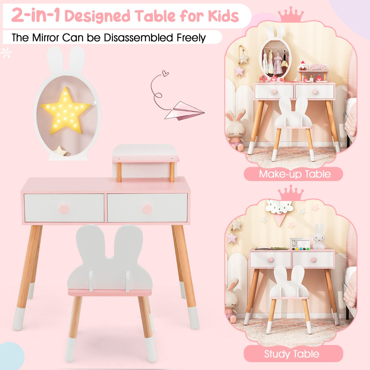 LIVSK Kinder-makeuptafel en Kruk - 2-in-1 Ontwerp met Acryl Spiegel - Ruim Tafelblad en Lades - Veilig en Duurzaam - Roze + Wit