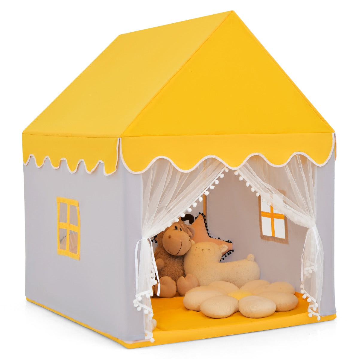 LIVSK Stevig Kinder Speelhuisje - Ruim Houten Frame - Inclusief Zachte Mat - Voor Binnen en Buiten - 120 x 105 x 140 cm - Geel +