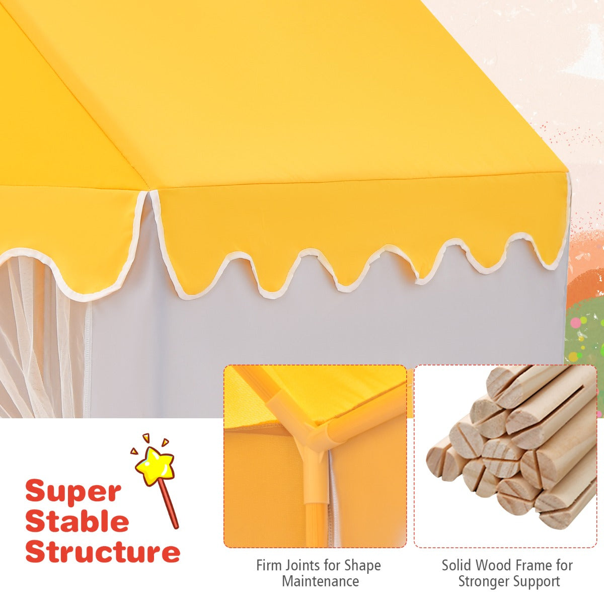 LIVSK Stevig Kinder Speelhuisje - Ruim Houten Frame - Inclusief Zachte Mat - Voor Binnen en Buiten - 120 x 105 x 140 cm - Geel +