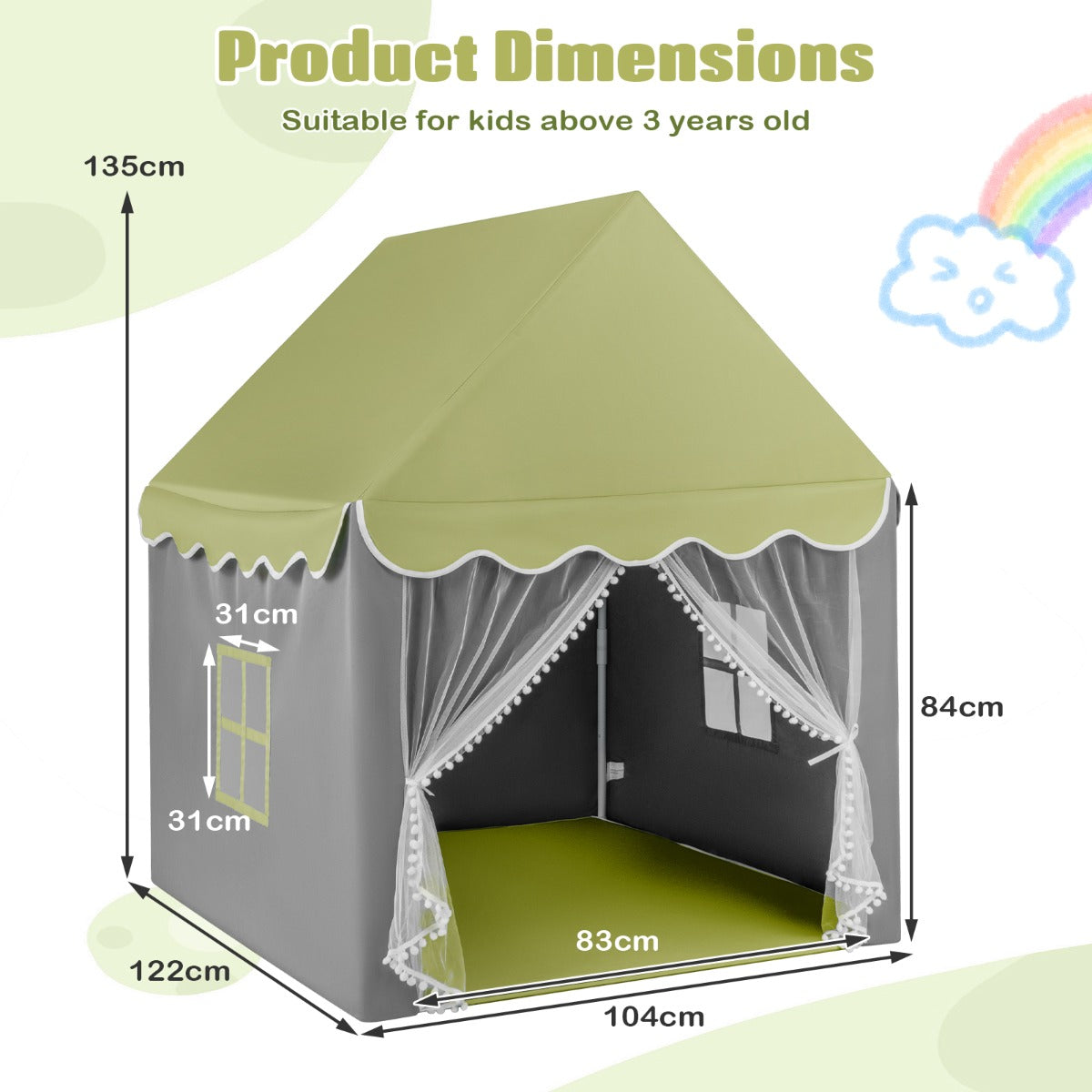 LIVSK Speelhuistent - Ruime Speelruimte voor 4 Kinderen - Zacht Polyester-Katoen - Sterrenverlichting - 105 x 121 x 136 cm - Groen