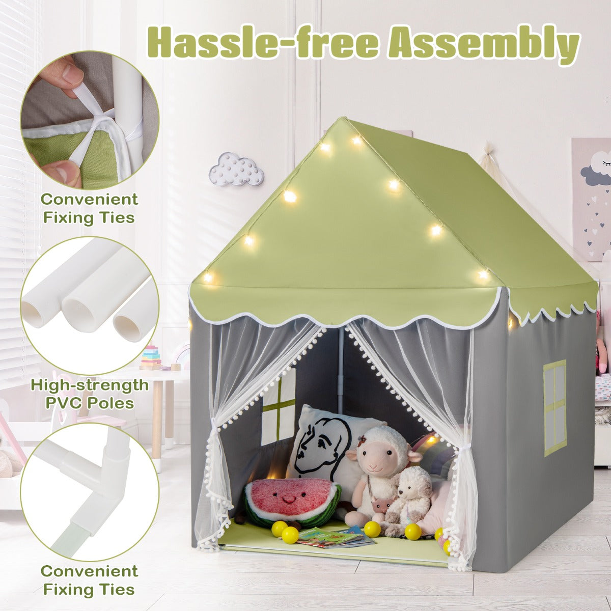 LIVSK Speelhuistent - Ruime Speelruimte voor 4 Kinderen - Zacht Polyester-Katoen - Sterrenverlichting - 105 x 121 x 136 cm - Groen