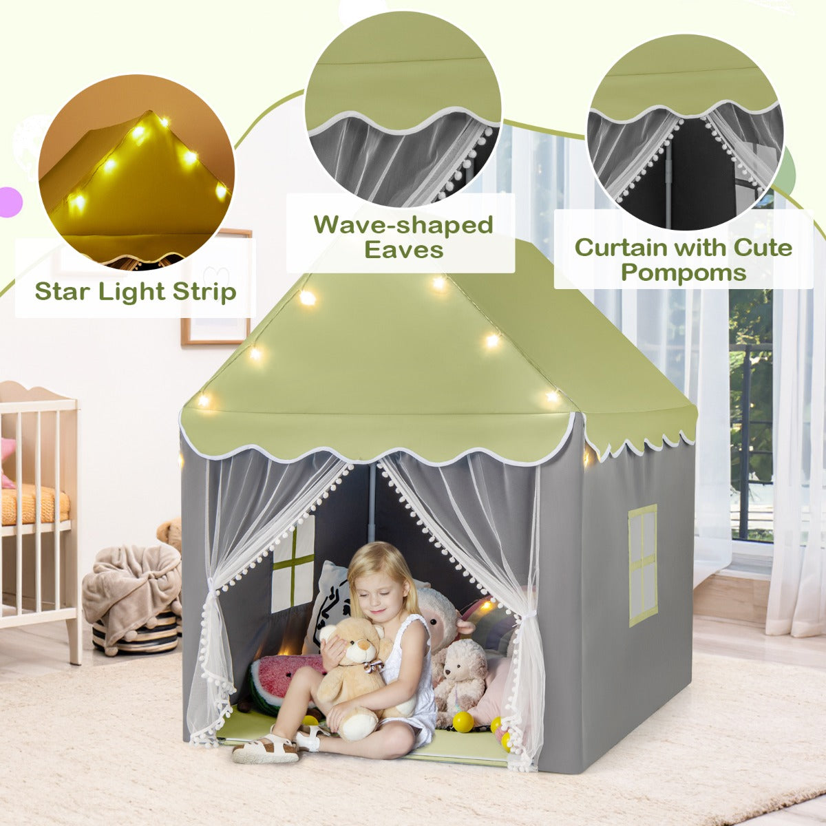 LIVSK Speelhuistent - Ruime Speelruimte voor 4 Kinderen - Zacht Polyester-Katoen - Sterrenverlichting - 105 x 121 x 136 cm - Groen