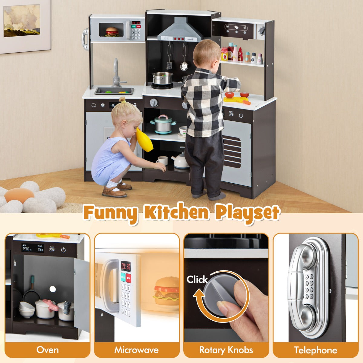 LIVSK Houten Kinder Speelkeuken - Realistische Licht- en Geluidseffecten - Veel Opbergruimte - Veilig MDF - 110 x 43 x 92 cm -