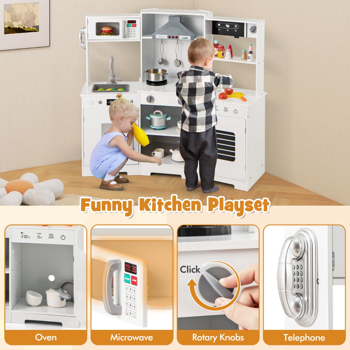 LIVSK Kinder-speelkeuken - Realistische Geluiden en Verlichting - Inclusief Keukenaccessoires - Voor Kinderen vanaf 3 jaar - Wit