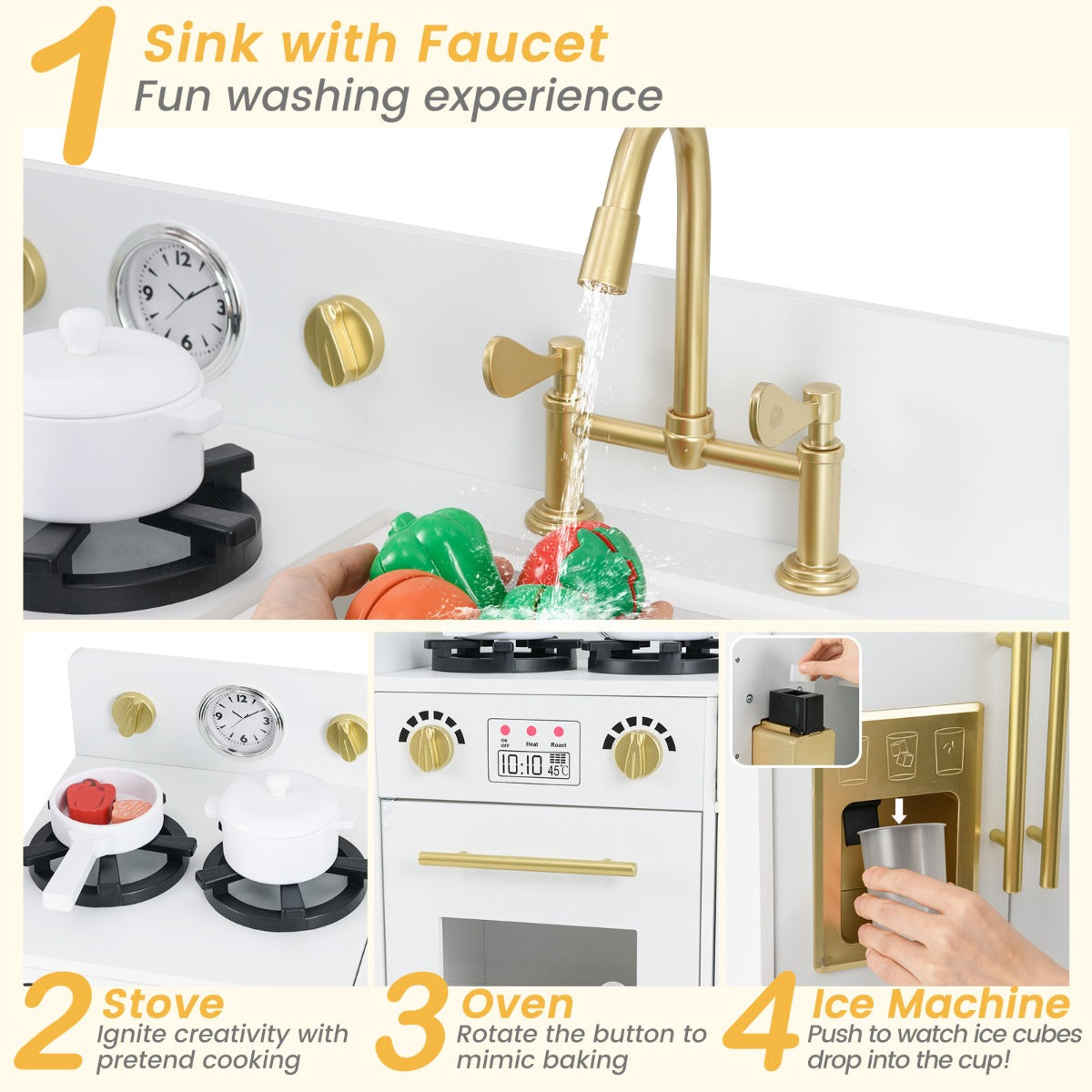 LIVSK Kinder Speelkeuken Set met Gootsteen en IJsblokjes - Flexibel Ontwerp - Inclusief Accessoires - Veilig MDF - Wit