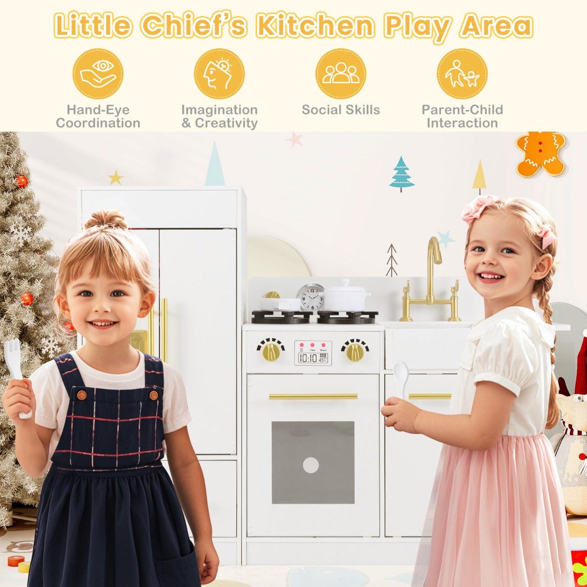 LIVSK Kinder Speelkeuken Set met Gootsteen en IJsblokjes - Flexibel Ontwerp - Inclusief Accessoires - Veilig MDF - Wit