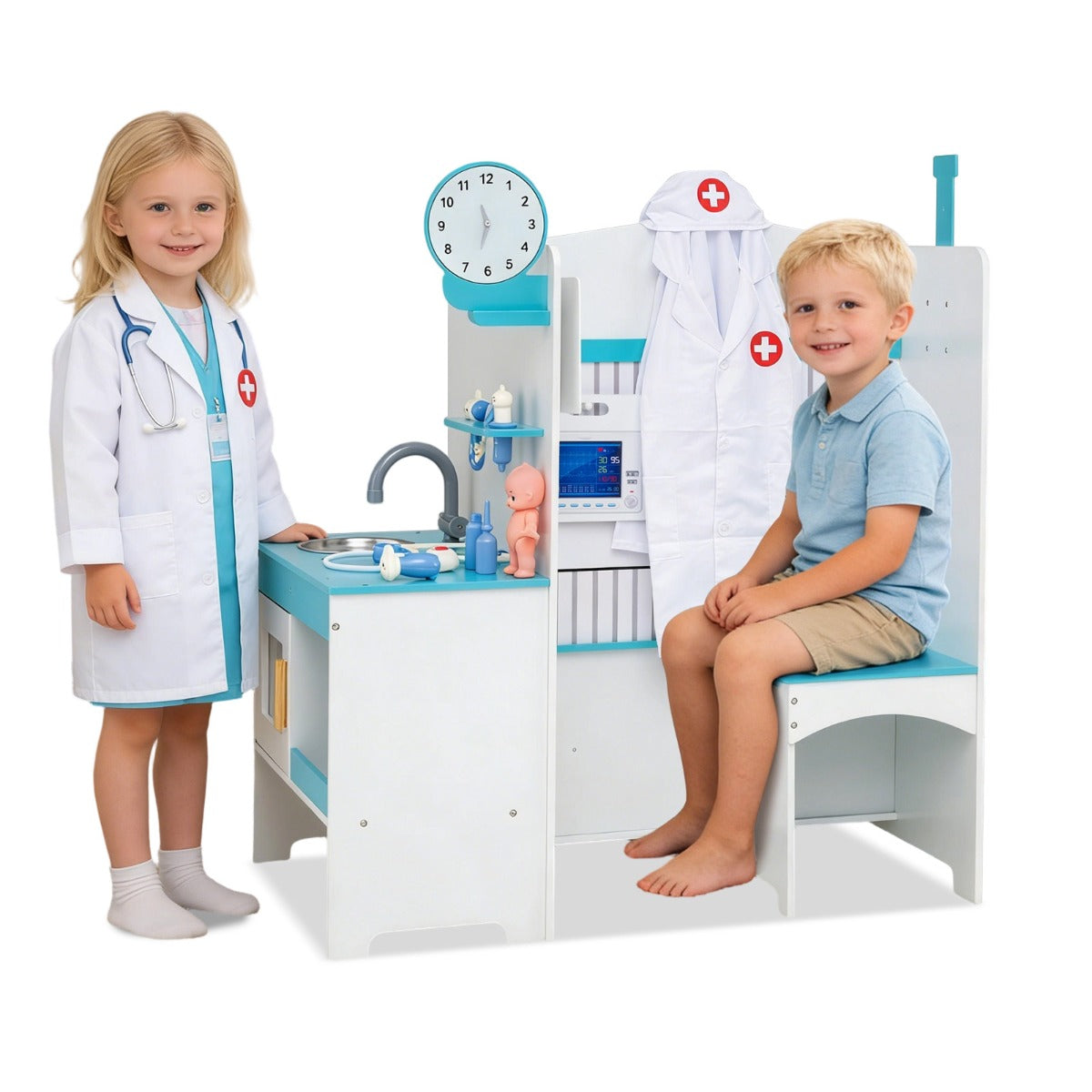 Livsk costway kinderarts speelset houten medisch centrum met wastafel ecg monitor grafieken klok en leuningaccessoires