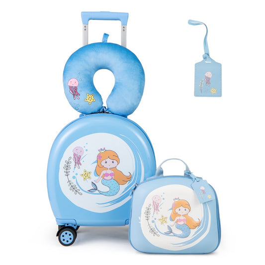 LIVSK Kinderbagageset - Handbagagekoffer met Rugzak, Nekkussen en Bagagelabel - Waterbestendig - 14 inch - Blauw+Wit