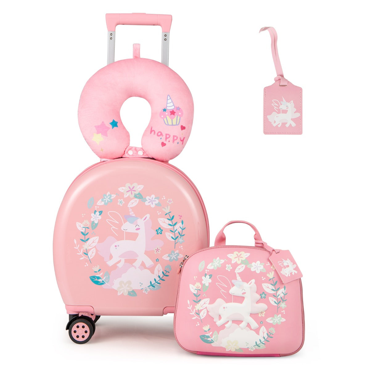 LIVSK 4-Delige Kinderbagageset - Handbagagekoffer, Rugzak, Nekkussen, Bagagelabel - Waterbestendig - Blauw+Wit