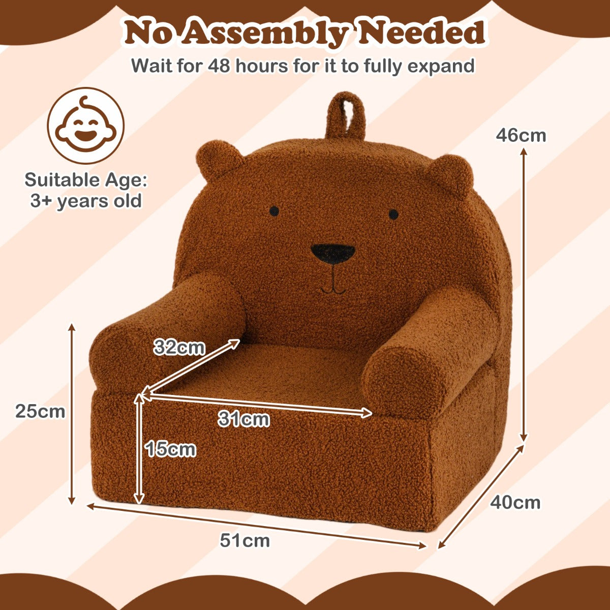Livsk costway kinderbank beer kinderfauteuil met afneembare teddyfleece hoes schuimrubber draagbare minibank met handvat voor kinderen vanaf 3 jaar 1