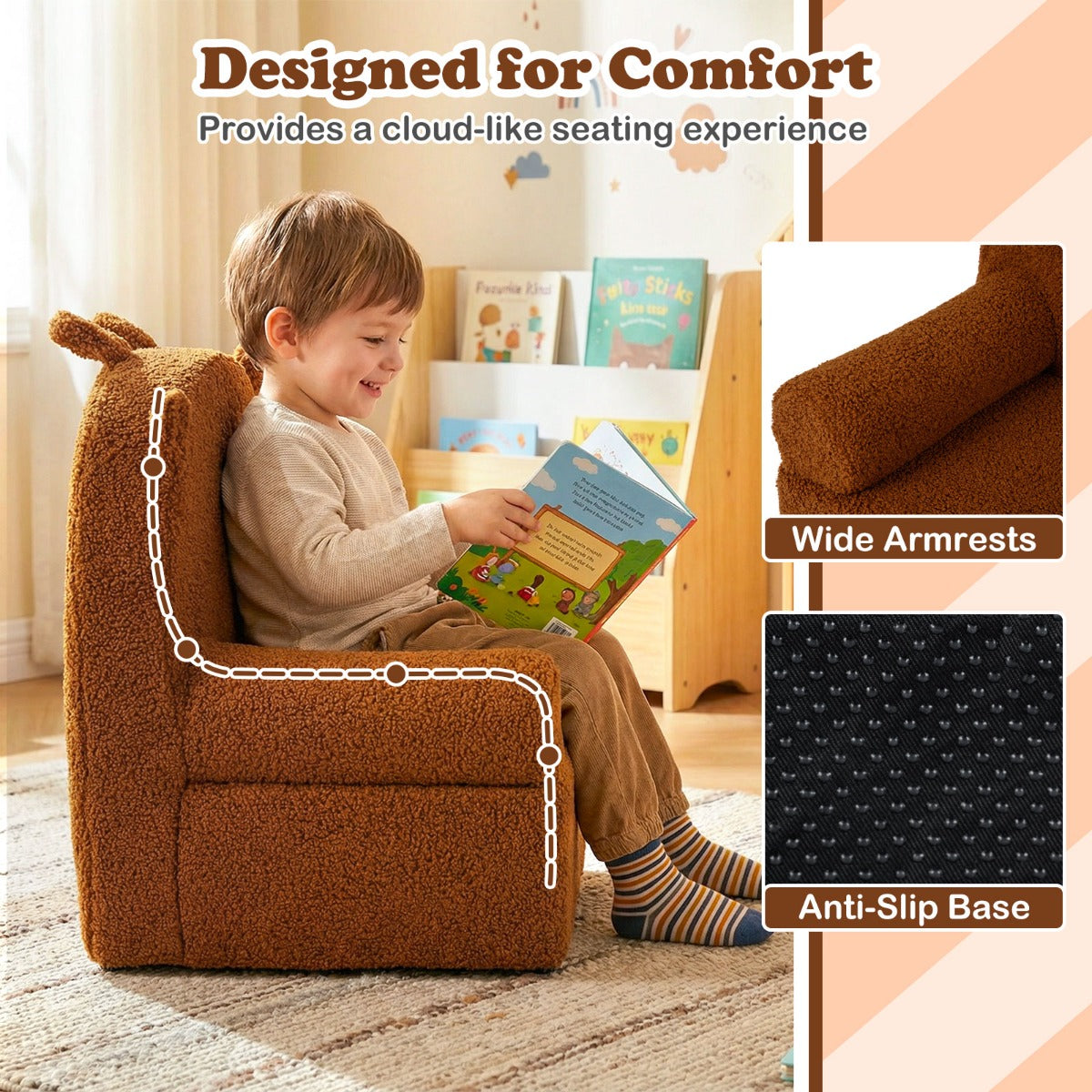 Livsk costway kinderbank beer kinderfauteuil met afneembare teddyfleece hoes schuimrubber draagbare minibank met handvat voor kinderen vanaf 3 jaar